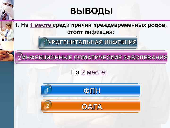 ВЫВОДЫ 1. На 1 месте среди причин преждевременных родов, стоит инфекция: 1 УРОГЕНИТАЛЬНАЯ ИНФЕКЦИЯ