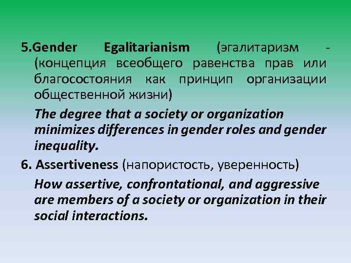  5. Gender Egalitarianism (эгалитаризм (концепция всеобщего равенства прав или благосостояния как принцип организации