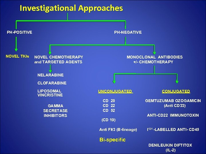 Investigational Approaches PH-POSITIVE PH-NEGATIVE NOVEL TKIs NOVEL CHEMOTHERAPY MONOCLONAL ANTIBODIES and TARGETED AGENTS +/-