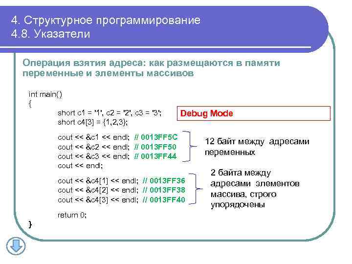 4. Структурное программирование 4. 8. Указатели Операция взятия адреса: как размещаются в памяти переменные