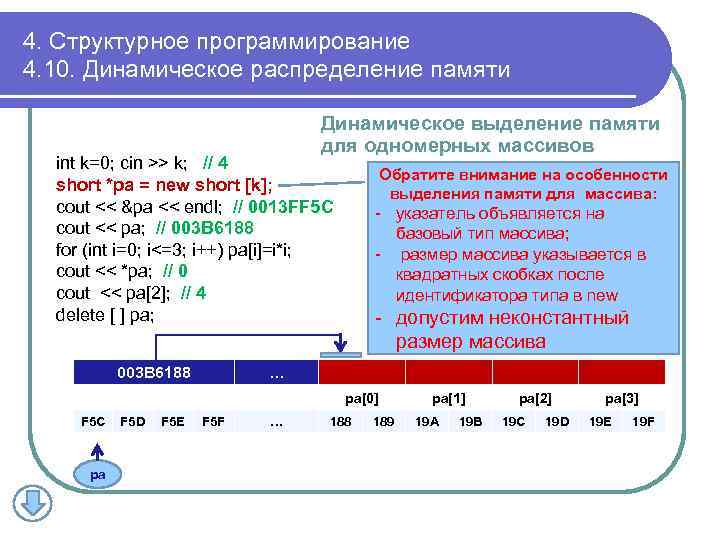 4. Структурное программирование 4. 10. Динамическое распределение памяти Динамическое выделение памяти для одномерных массивов