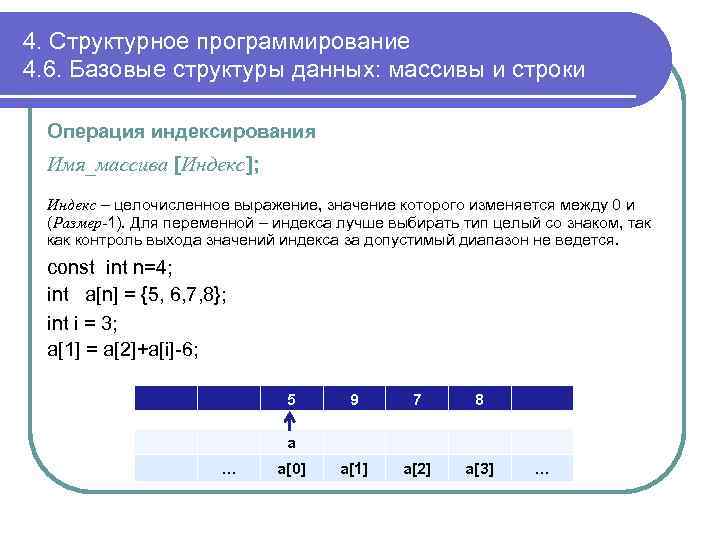 4. Структурное программирование 4. 6. Базовые структуры данных: массивы и строки Операция индексирования Имя_массива