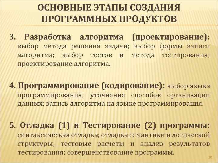 ОСНОВНЫЕ ЭТАПЫ СОЗДАНИЯ ПРОГРАММНЫХ ПРОДУКТОВ 3. Разработка алгоритма (проектирование): выбор метода решения задачи; выбор