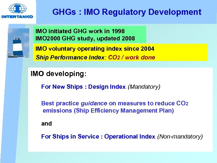 GHGs : IMO Regulatory Development IMO initiated GHG work in 1998 IMO 2000 GHG