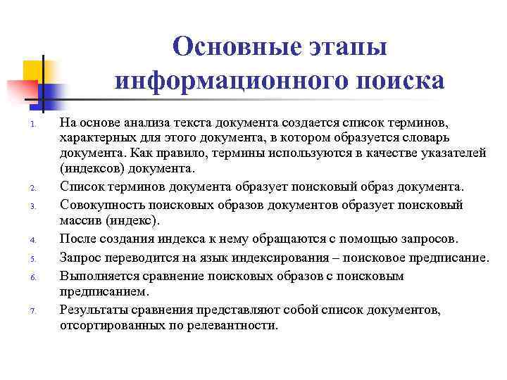 Основные этапы информационного поиска 1. 2. 3. 4. 5. 6. 7. На основе анализа