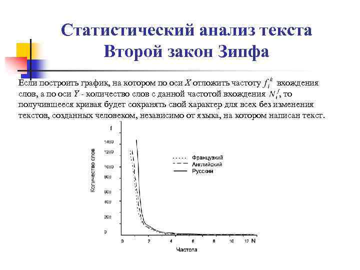 Статистический анализ текста Второй закон Зипфа Если построить график, на котором по оси Х