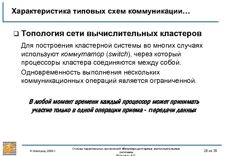 Характеристика типовых схем коммуникации… q Топология сети вычислительных кластеров Для построения кластерной системы во