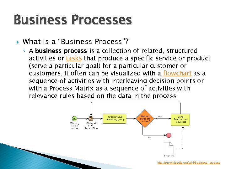 Business Processes What is a “Business Process”? ◦ A business process is a collection