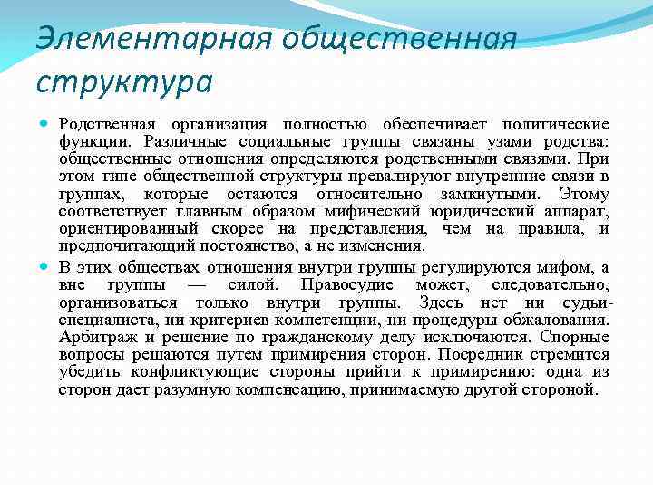 Элементарная общественная структура Родственная организация полностью обеспечивает политические функции. Различные социальные группы связаны узами