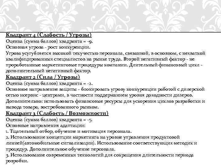 Квадрант 4 (Слабость / Угрозы) Оценка (сумма баллов) квадранта = -9. Основная угроза -