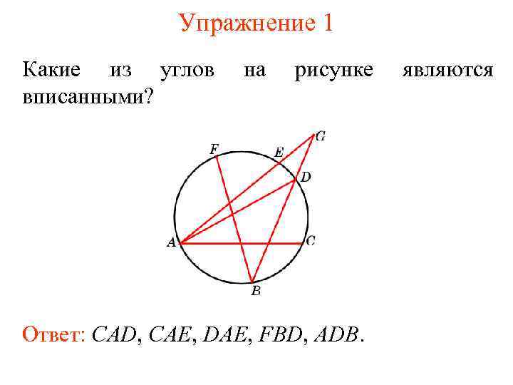 Упражнение 1 Какие из углов вписанными? на рисунке Ответ: CAD, CAE, DAE, FBD, ADB.