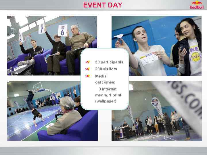EVENT DAY 53 participants 200 visitors Media outcomes: 3 Internet media, 1 print (wallpaper)