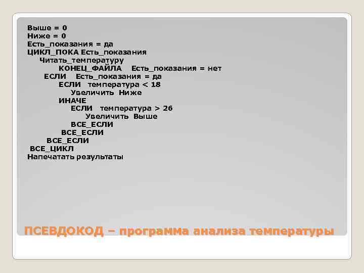 Выше = 0 Ниже = 0 Есть_показания = да ЦИКЛ_ПОКА Есть_показания Читать_температуру КОНЕЦ_ФАЙЛА Есть_показания