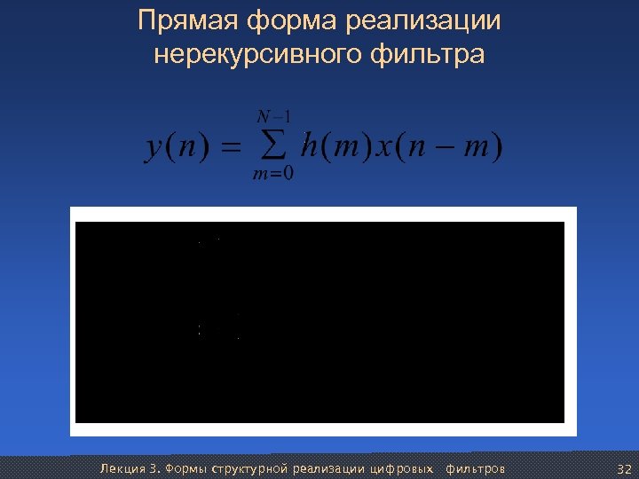 Прямая форма реализации нерекурсивного фильтра Лекция 3. Формы структурной реализации цифровых фильтров 32 