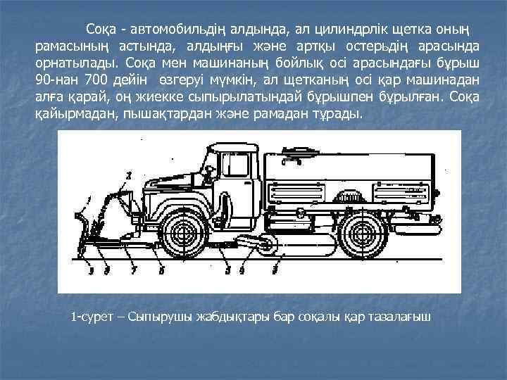 Соқа автомобильдің алдында, ал цилиндрлік щетка оның рамасының астында, алдыңғы және артқы остерьдің арасында