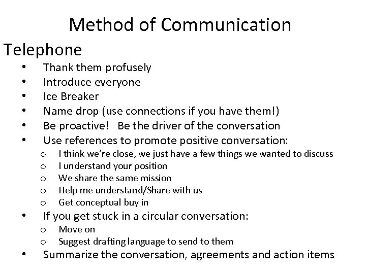 Method of Communication Telephone • • Thank them profusely Introduce everyone Ice Breaker Name