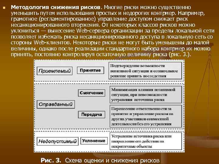 n Методология снижения рисков. Многие риски можно существенно уменьшить путем использования простых и недорогих