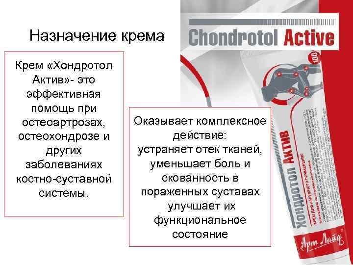  Назначение крема Крем «Хондротол Актив» - это эффективная помощь при остеоартрозах, остеохондрозе и