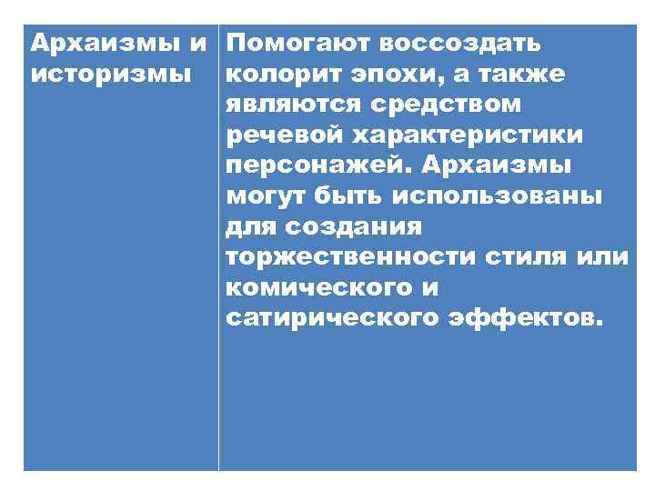 Архаизмы и Помогают воссоздать историзмы колорит эпохи, а также являются средством речевой характеристики персонажей.