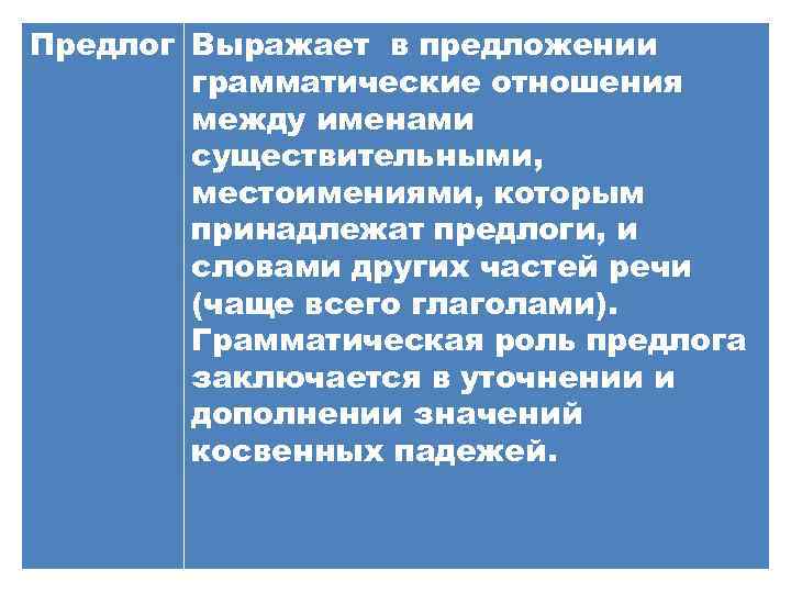 Предлог Выражает в предложении грамматические отношения между именами существительными, местоимениями, которым принадлежат предлоги, и