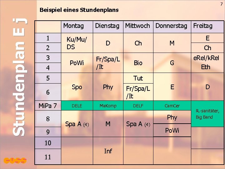 7 Stundenplan E j Beispiel eines Stundenplans Montag 1 2 3 4 Dienstag Mittwoch