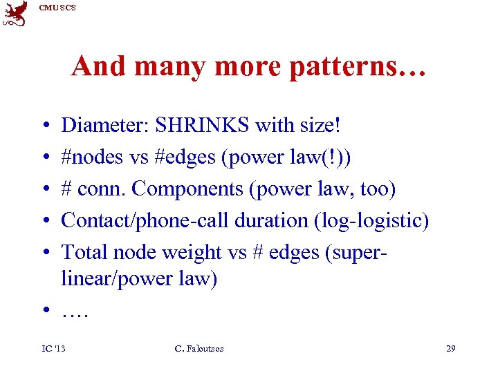 CMU SCS And many more patterns… • • • Diameter: SHRINKS with size! #nodes