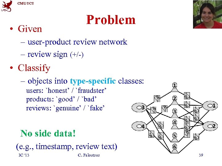 CMU SCS • Given Problem – user-product review network – review sign (+/-) •