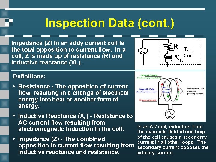 Inspection Data (cont. ) Impedance (Z) in an eddy current coil is the total