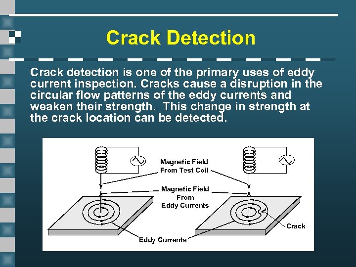 Crack Detection Crack detection is one of the primary uses of eddy current inspection.