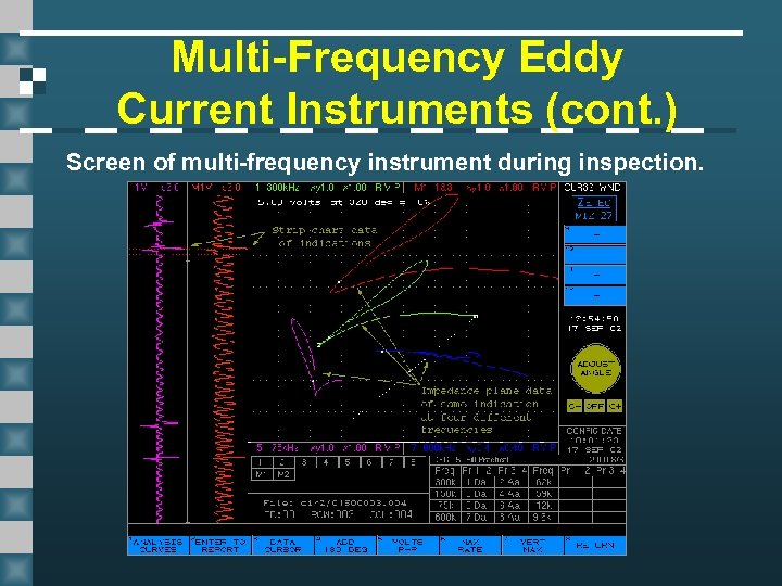 Multi-Frequency Eddy Current Instruments (cont. ) Screen of multi-frequency instrument during inspection. 