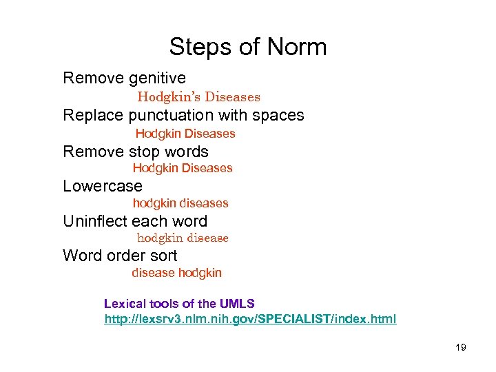 Steps of Norm Remove genitive Hodgkin’s Diseases Replace punctuation with spaces Hodgkin Diseases Remove