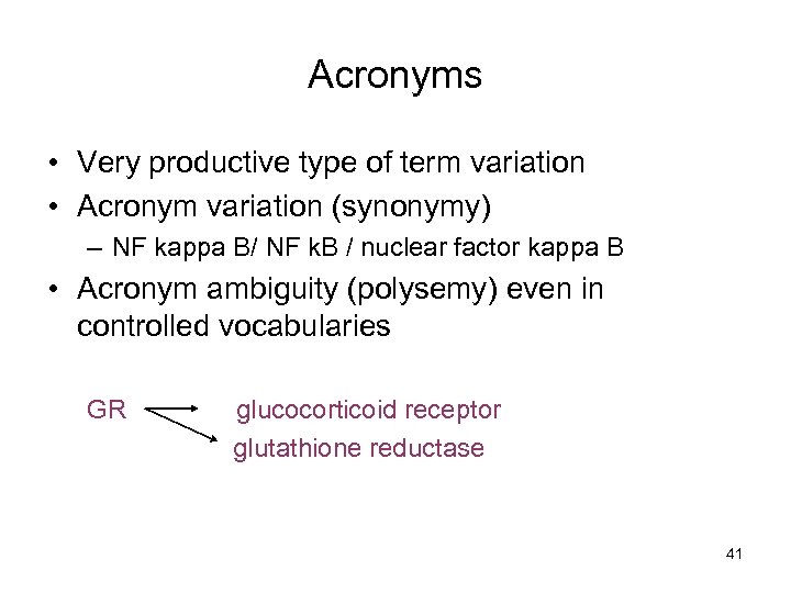 Acronyms • Very productive type of term variation • Acronym variation (synonymy) – NF