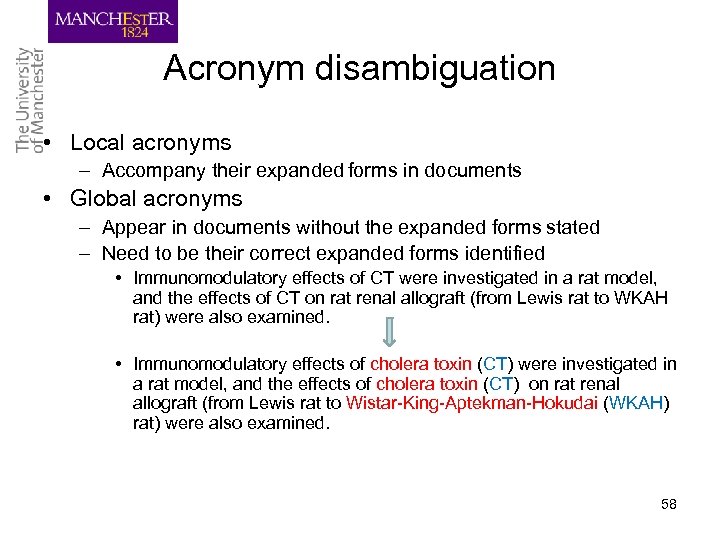 Acronym disambiguation • Local acronyms – Accompany their expanded forms in documents • Global