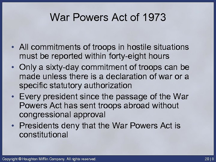 War Powers Act of 1973 • All commitments of troops in hostile situations must