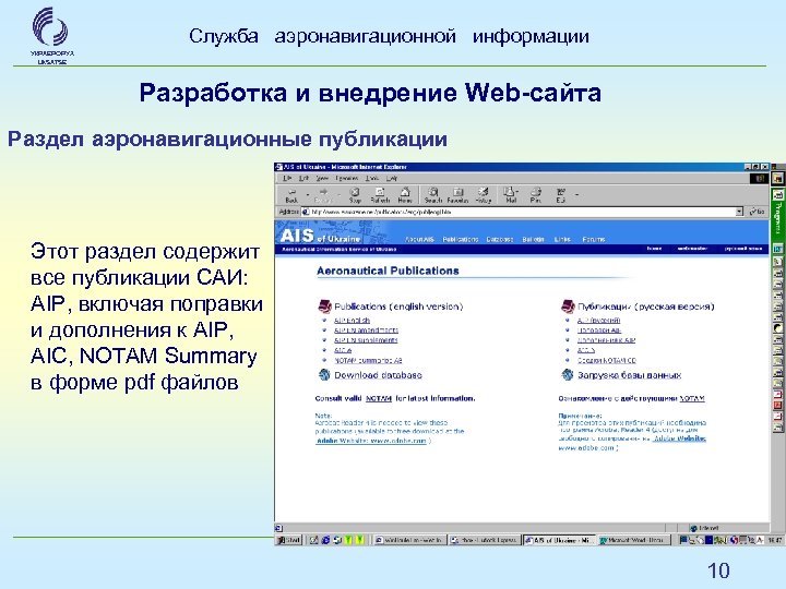 Служба аэронавигационной информации УКРАЕРОРУХ Uk. SATSE Разработка и внедрение Web-сайта Раздел аэронавигационные публикации Этот