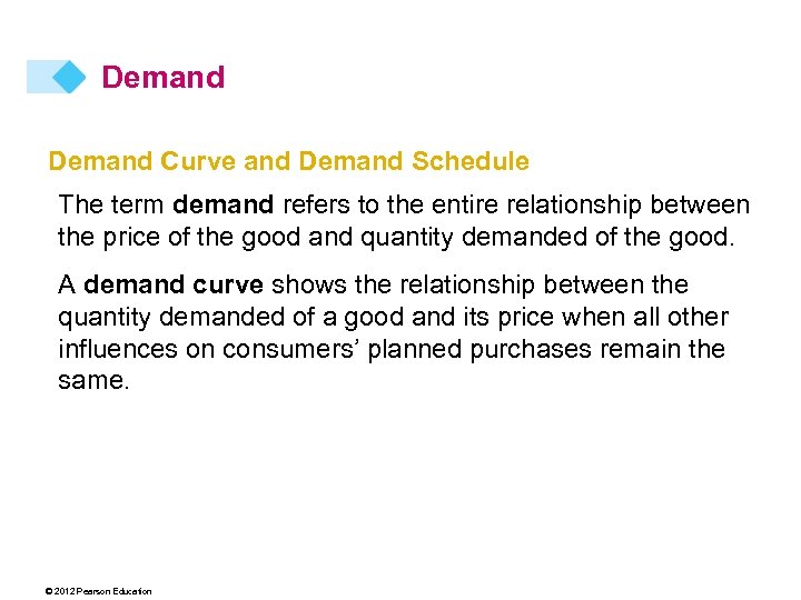 Demand Curve and Demand Schedule The term demand refers to the entire relationship between