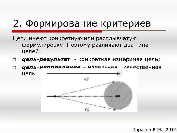 2. Формирование критериев Цели имеют конкретную или расплывчатую формулировку. Поэтому различают два типа целей: