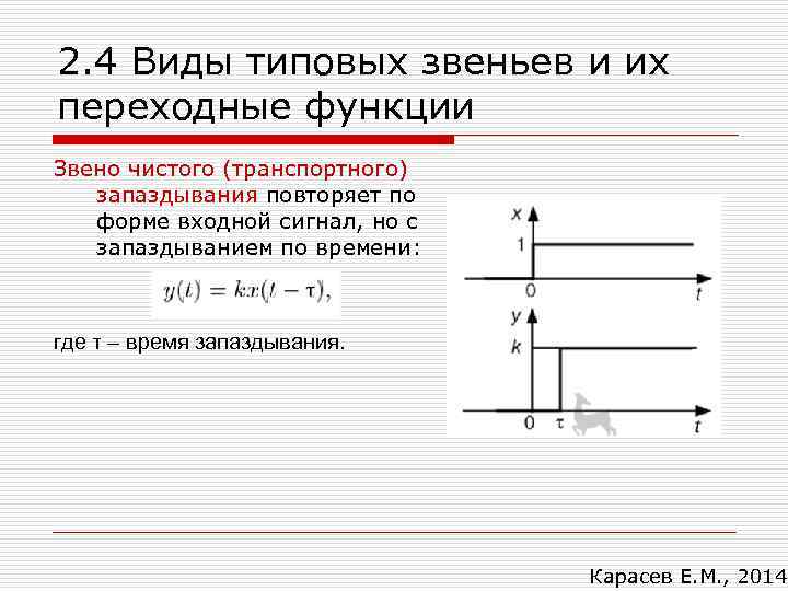 2. 4 Виды типовых звеньев и их переходные функции Звено чистого (транспортного) запаздывания повторяет
