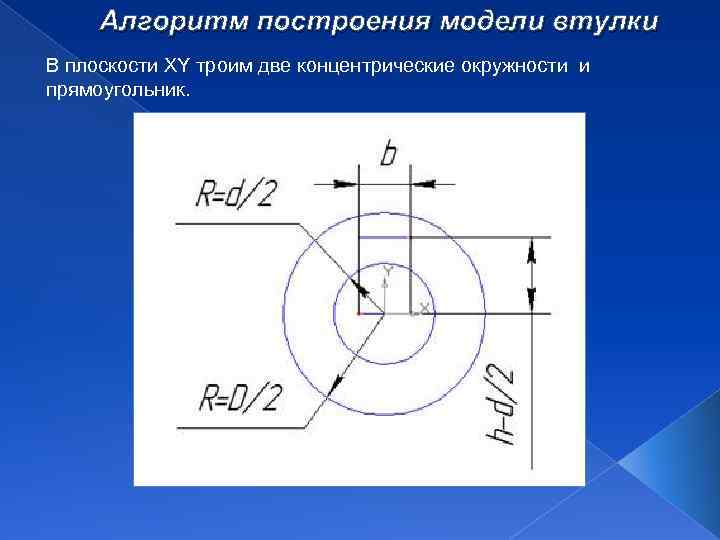 Алгоритм построения модели втулки В плоскости XY троим две концентрические окружности и прямоугольник. 