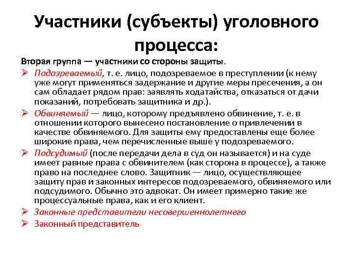 Участники (субъекты) уголовного процесса: Вторая группа — участники со стороны защиты. Ø Подозреваемый, т.