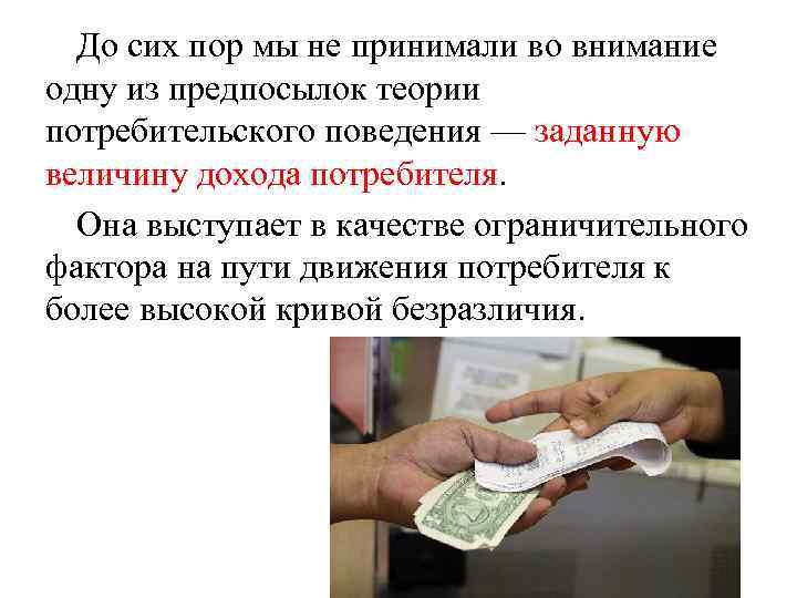 До сих пор мы не принимали во внимание одну из предпосылок теории потребительского поведения