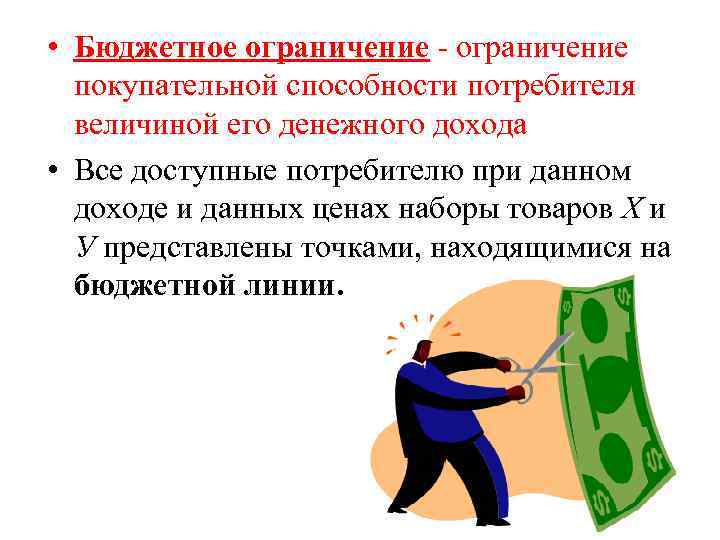  • Бюджетное ограничение - ограничение покупательной способности потребителя величиной его денежного дохода •
