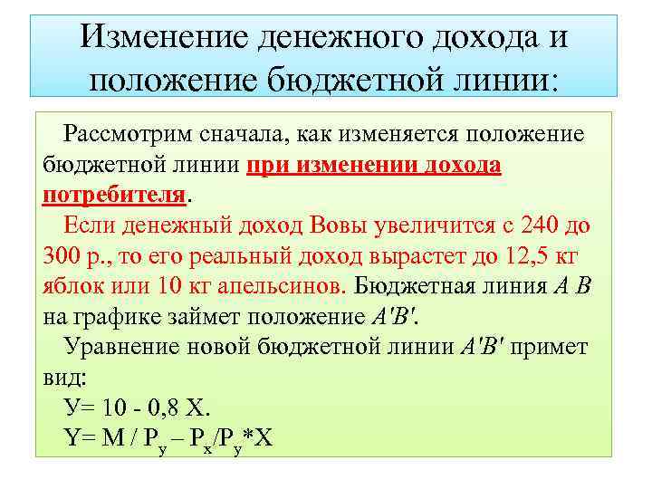 Изменение денежного дохода и положение бюджетной линии: Рассмотрим сначала, как изменяется положение бюджетной линии