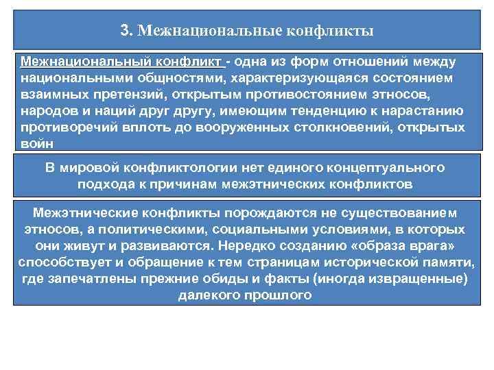 3. Межнациональные конфликты Межнациональный конфликт - одна из форм отношений между национальными общностями, характеризующаяся
