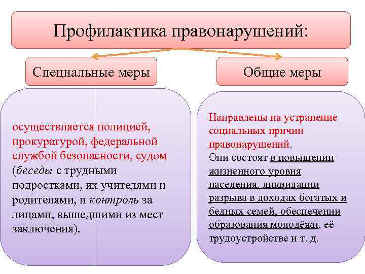 Профилактика правонарушений: Специальные меры Общие меры осуществляется полицией, прокуратурой, федеральной службой безопасности, судом (беседы