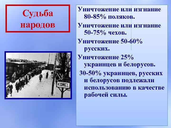 Судьба народов Уничтожение или изгнание 80 -85% поляков. Уничтожение или изгнание 50 -75% чехов.