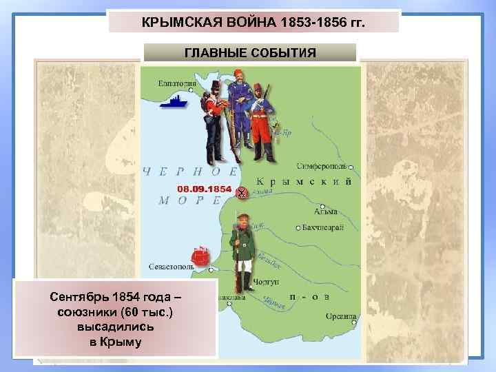 КРЫМСКАЯ ВОЙНА 1853 -1856 гг. ГЛАВНЫЕ СОБЫТИЯ Сентябрь 1854 года – союзники (60 тыс.