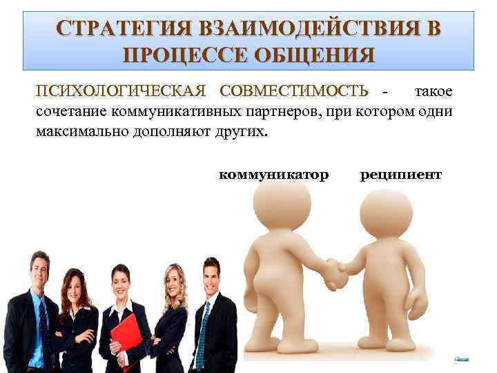 СТРАТЕГИЯ ВЗАИМОДЕЙСТВИЯ В ПРОЦЕССЕ ОБЩЕНИЯ ПСИХОЛОГИЧЕСКАЯ СОВМЕСТИМОСТЬ такое сочетание коммуникативных партнеров, при котором одни