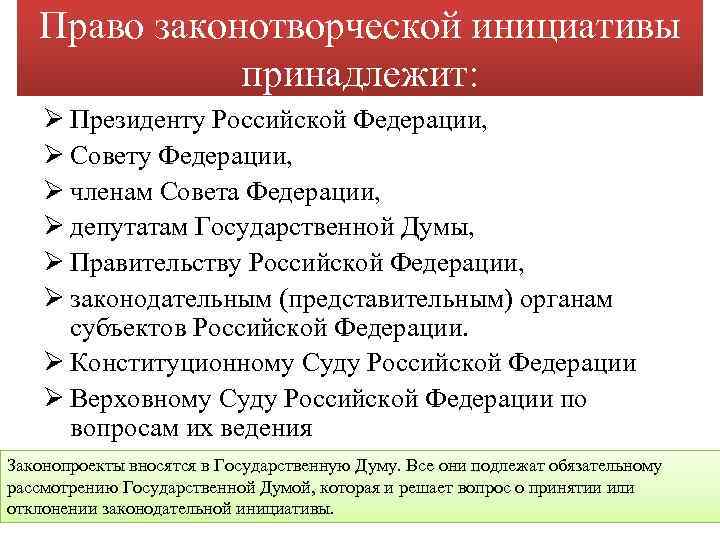 Право законотворческой инициативы принадлежит: Ø Президенту Российской Федерации, Ø Совету Федерации, Ø членам Совета