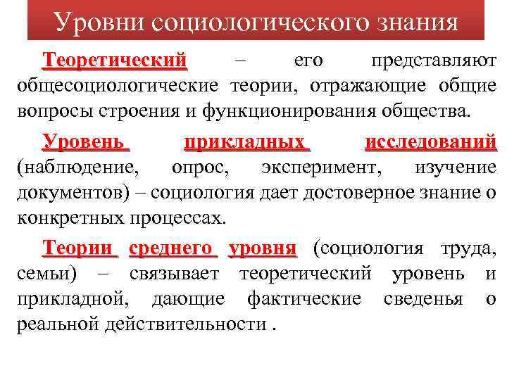 Уровни социологического знания Теоретический – его представляют Теоретический общесоциологические теории, отражающие общие вопросы строения